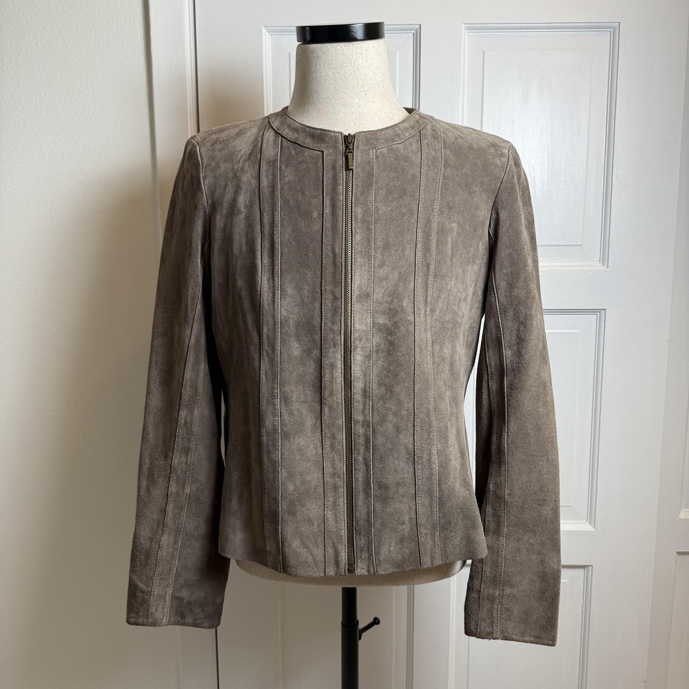 Jones Wear Jacket Womens XL Taupe Suede Leather Zip Front Collarless Lined‎